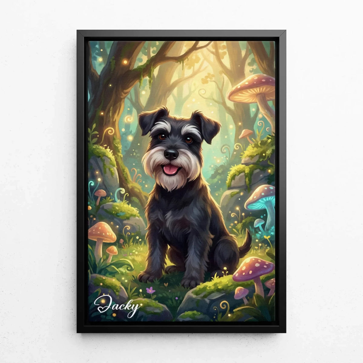 Portrét psa ve fantasy / cartoon stylu z tvé fotky - plátno s černým rámem