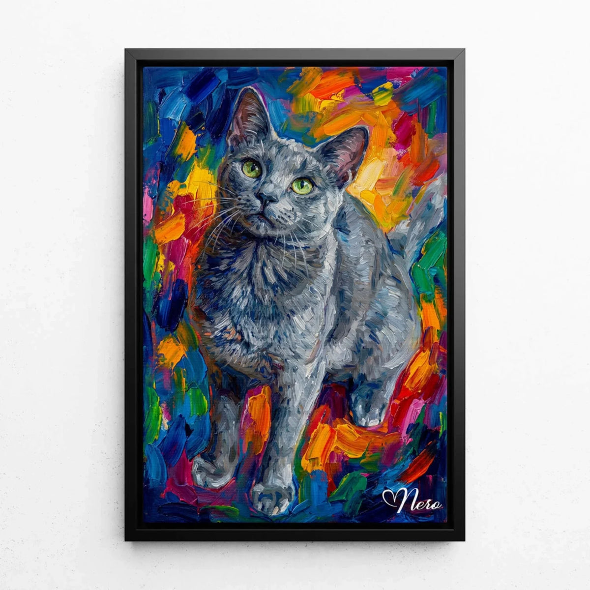 Portrét kočky v pop-art stylu z tvé fotky - plátno s černým rámem