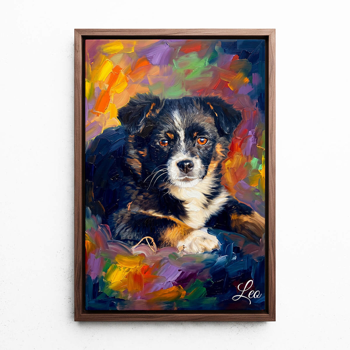 Portrét psa v pop-art stylu z tvé fotky - plátno s rámem v dekoru ořech