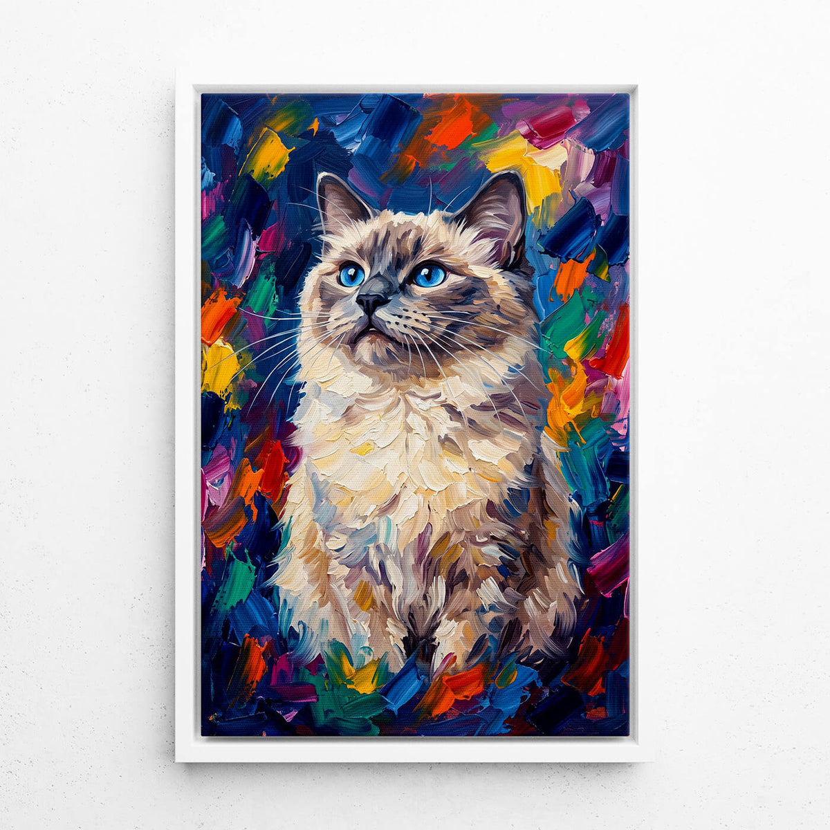 Portrét kočky v pop-art stylu z tvé fotky - plátno s bílým rámem