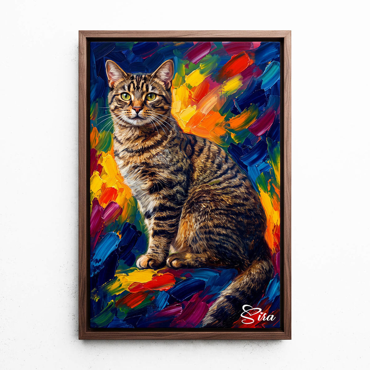 Portrét kočky v pop-art stylu z tvé fotky - plátno s rámem v dekoru ořech